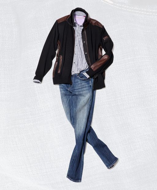 Paul & Shark wool jacket with leather trimming & detachable wind stopper, $1075. Hugo Boss Red Label gingham checked dress shirt, $115. Left Coast Tee lavender pima cotton t-shirt, $65. Citizens of Humanity the Sid straight leg jean, $198.
